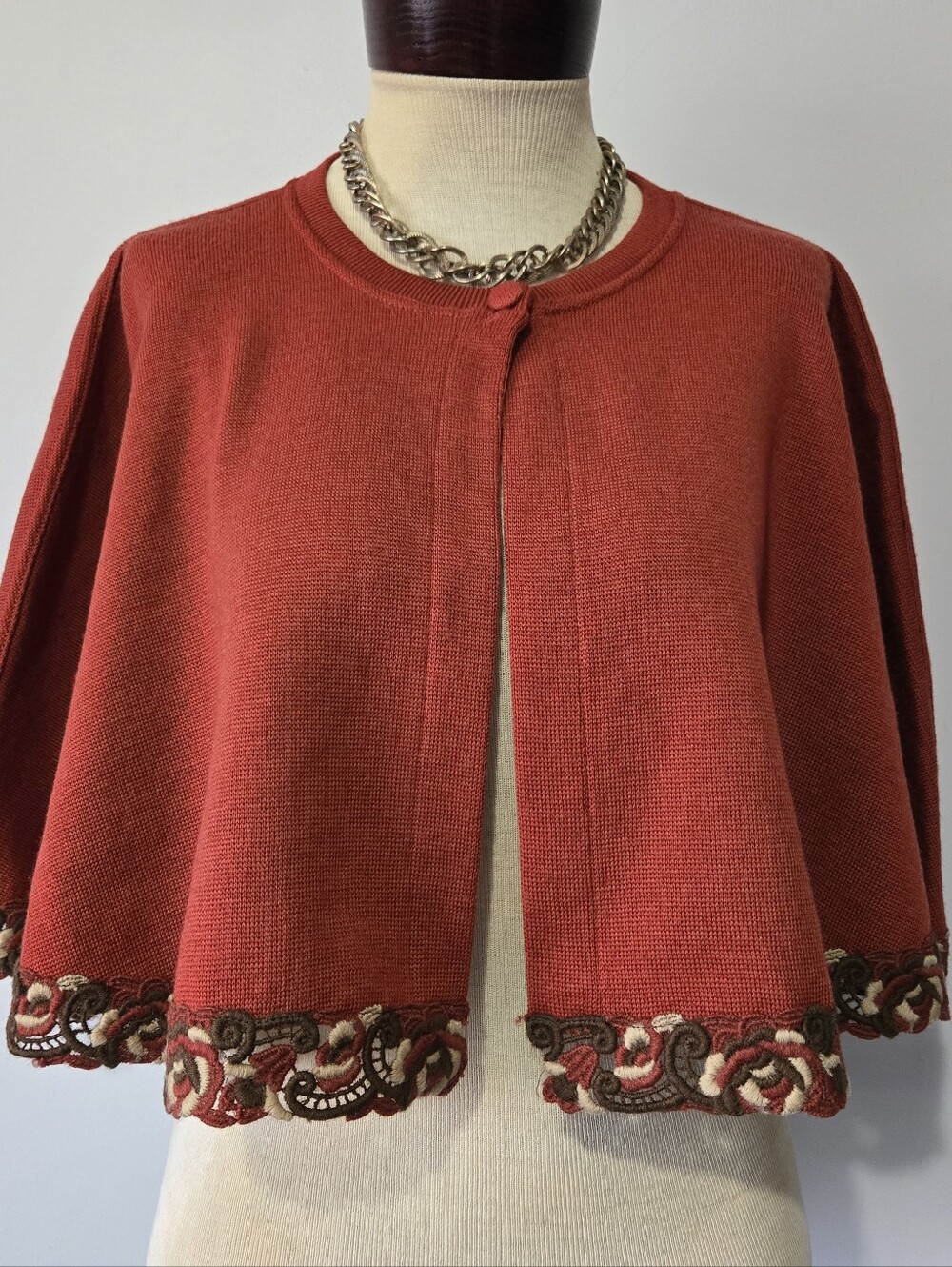 Rosaspina Rust Red Cropped Women's Sweater Cape with Embroidered Hem. One Size